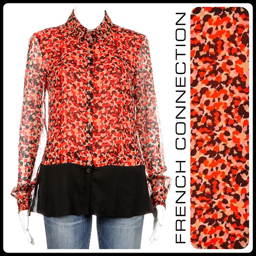 French Connection Red/Black Button-Down Sheer - image 1